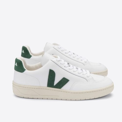 Veja V-12 Leather Mens Trainers White/Green UK 78598